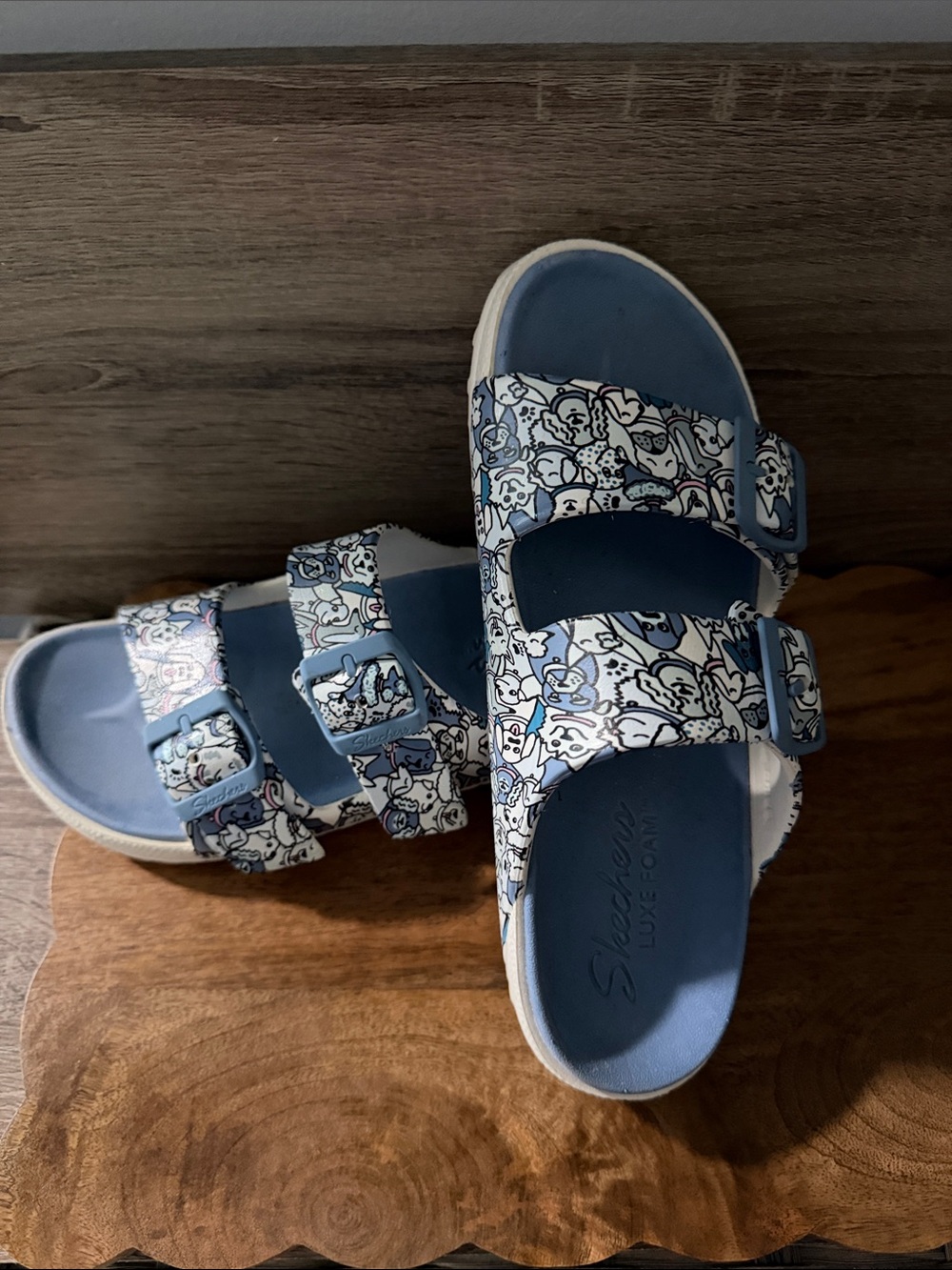 Skechers Light Blue Floral Print Triple-Strap Slide Sandals